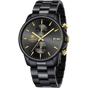 GOLDEN HOUR Men's Black Stainless Steel Chronograph Watch Waterproof Auto Date